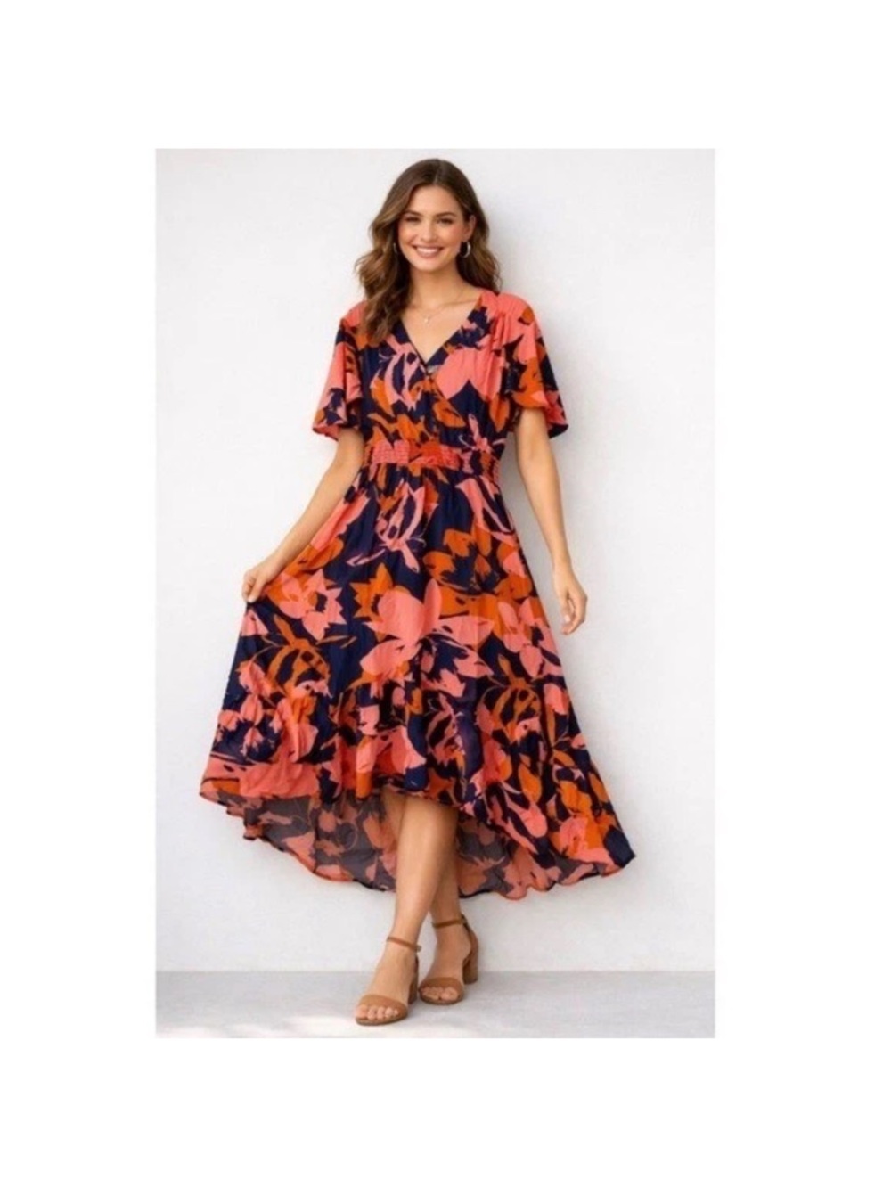 High-Low Floral V-Neck Dress in Coral and Navy